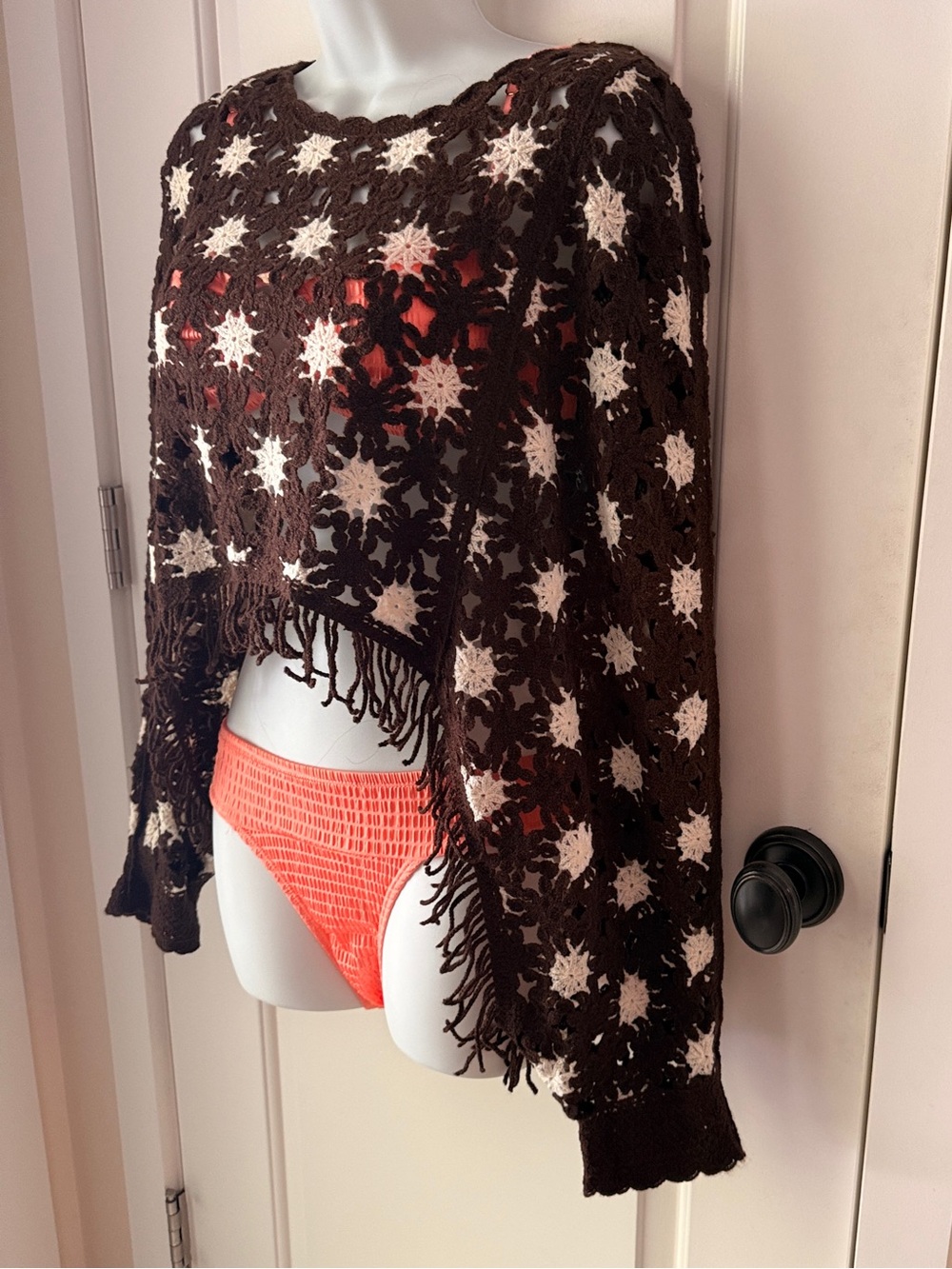 House of Harlow 1960 Brown Crochet Fringe Sweater with Cream Star Accents